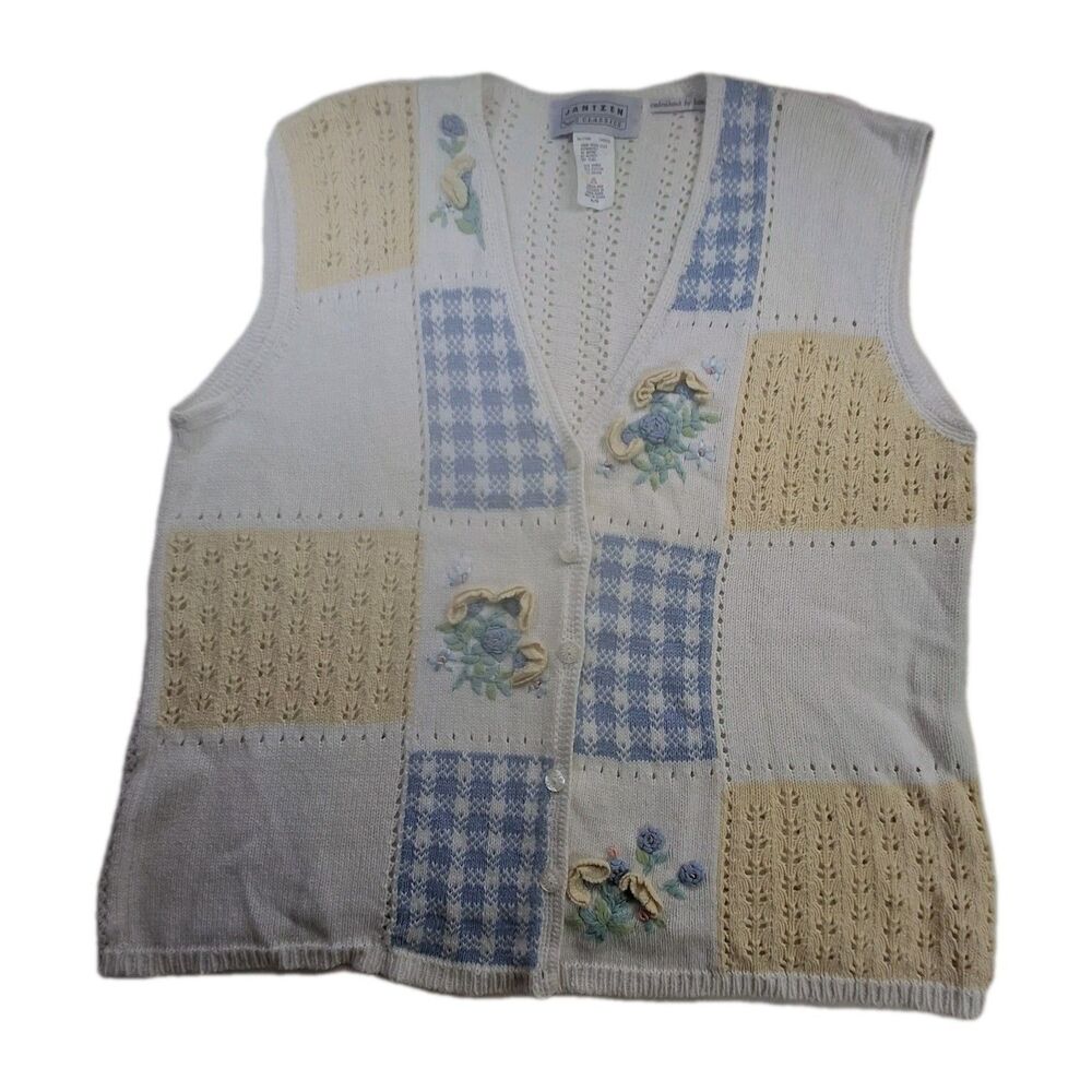Vintage Jantzen Sz XL Floral Hand Embroidered Sweater Vest Cottagecore Granny